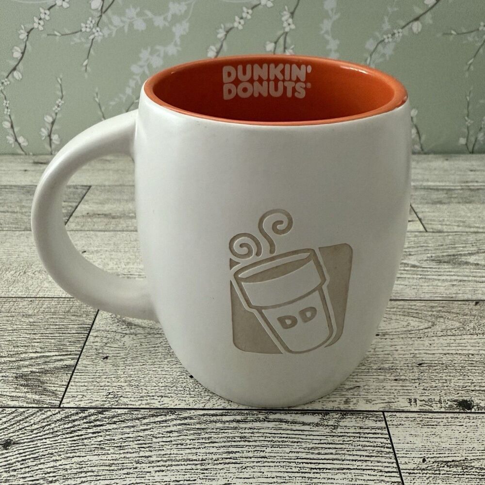 Dunkin Donuts Coffee Mug With Etched Logo 14 Oz White & Orange 2012 Inside Logo